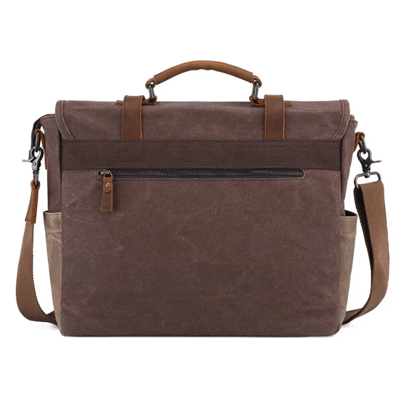 Mens Messenger Bag Waxed Canvas Briefcase 15.6 Inch Waterproof Vintage Canvas Leather Computer Laptop Bag Rugged Satchel Shoulder Bag