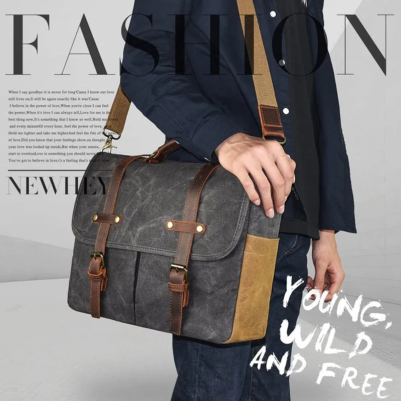 Mens Messenger Bag Waxed Canvas Briefcase 15.6 Inch Waterproof Vintage Canvas Leather Computer Laptop Bag Rugged Satchel Shoulder Bag
