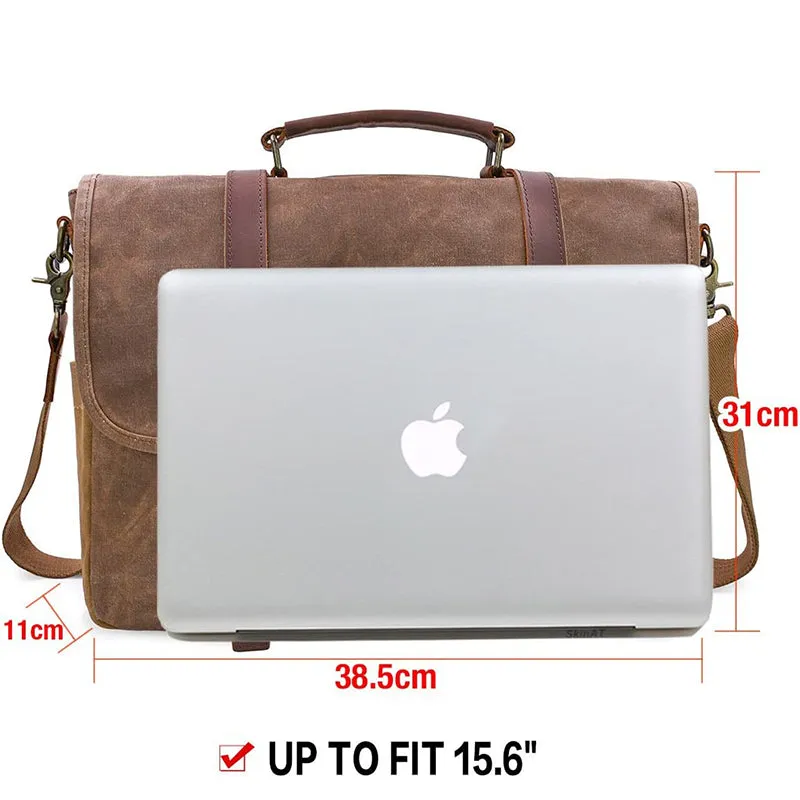 Mens Messenger Bag Waxed Canvas Briefcase 15.6 Inch Waterproof Vintage Canvas Leather Computer Laptop Bag Rugged Satchel Shoulder Bag