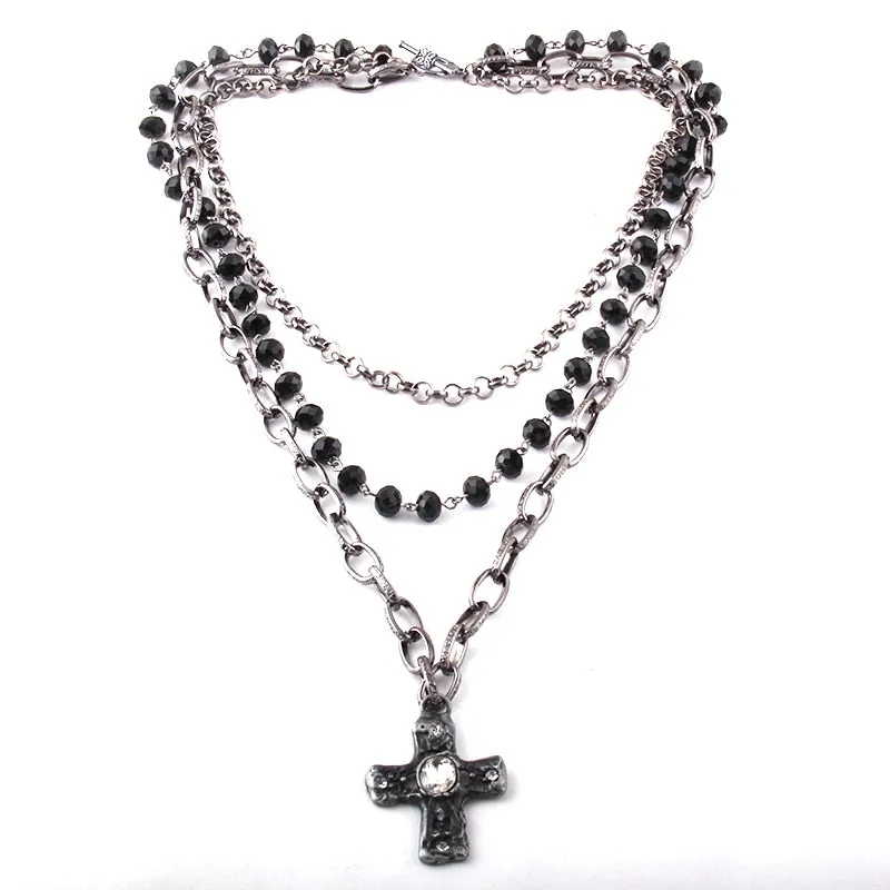 Multiple Black Glass Rosary  Link & Chain Cross Pendant Necklaces