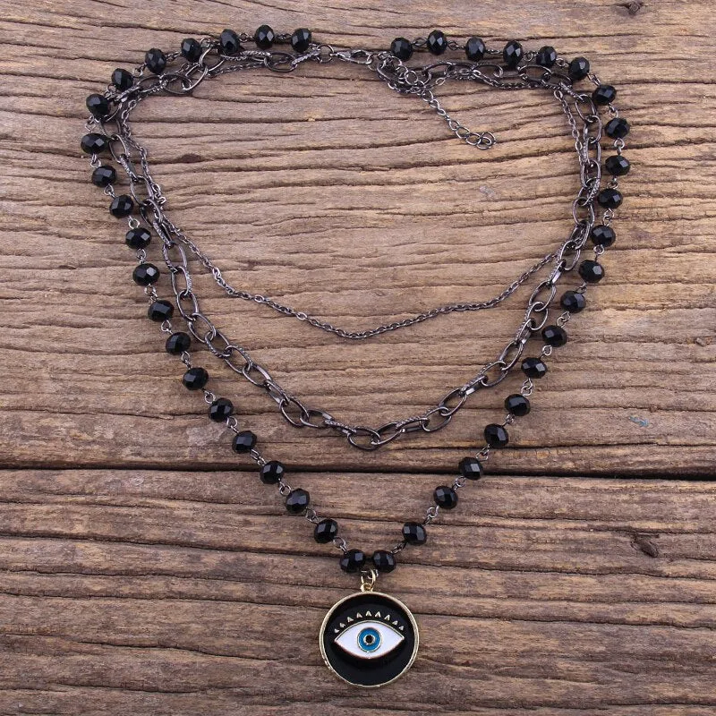 Multiple Black Glass Rosary  Link & Chain Cross Pendant Necklaces