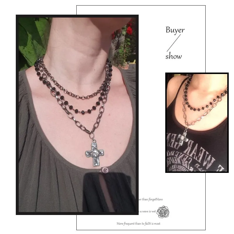 Multiple Black Glass Rosary  Link & Chain Cross Pendant Necklaces