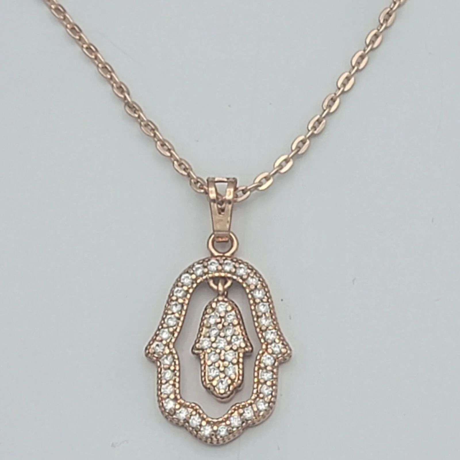 Necklaces - Rose Gold Plated. Hamsa Fatima Hand Movable Charm Pendant & Chain.