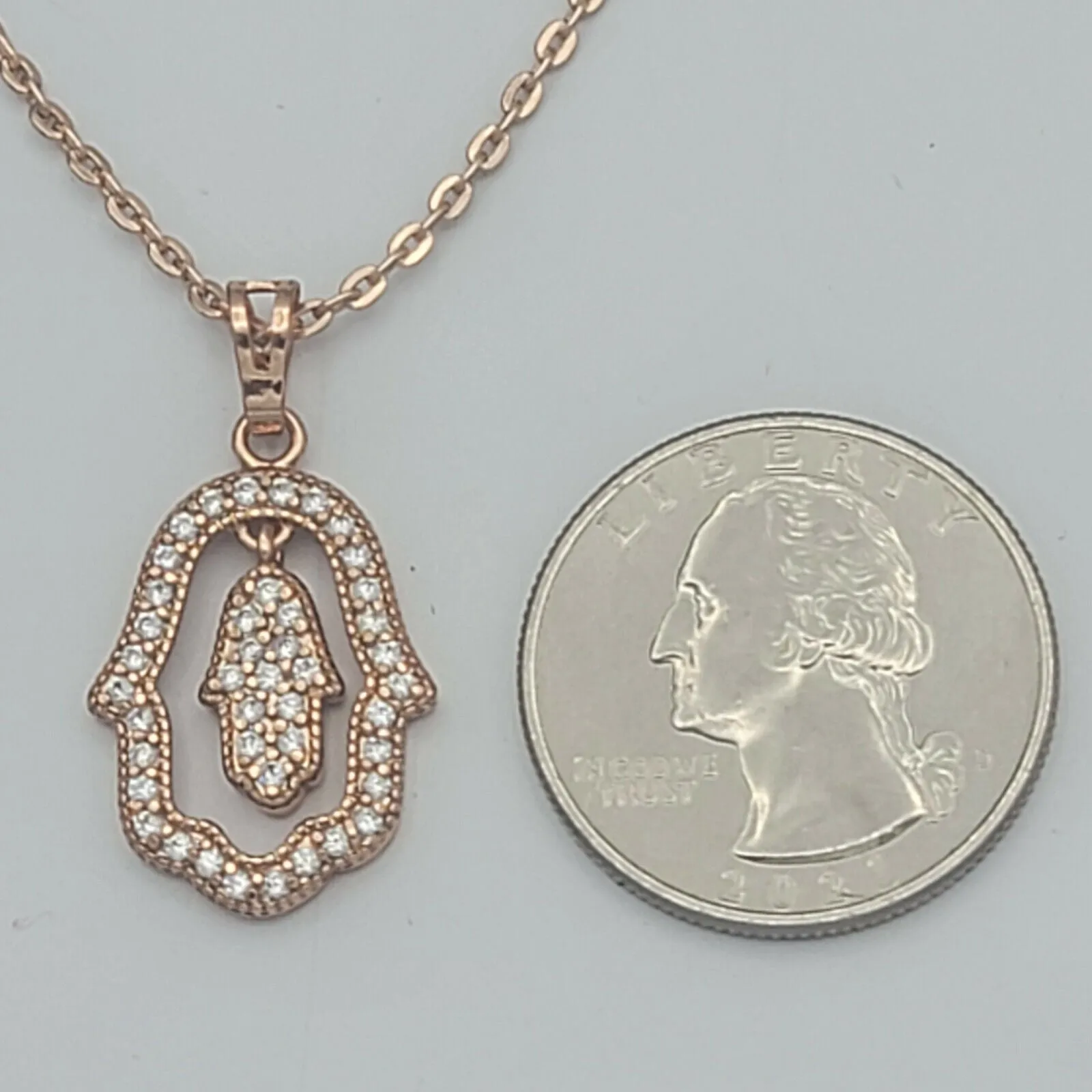 Necklaces - Rose Gold Plated. Hamsa Fatima Hand Movable Charm Pendant & Chain.