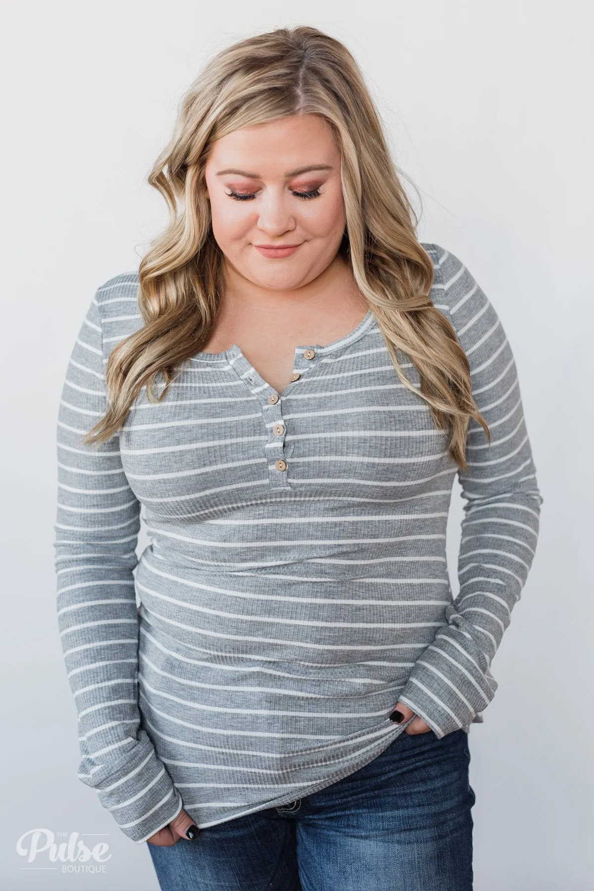 Need You Now 5-Button Henley Top- Grey Striped