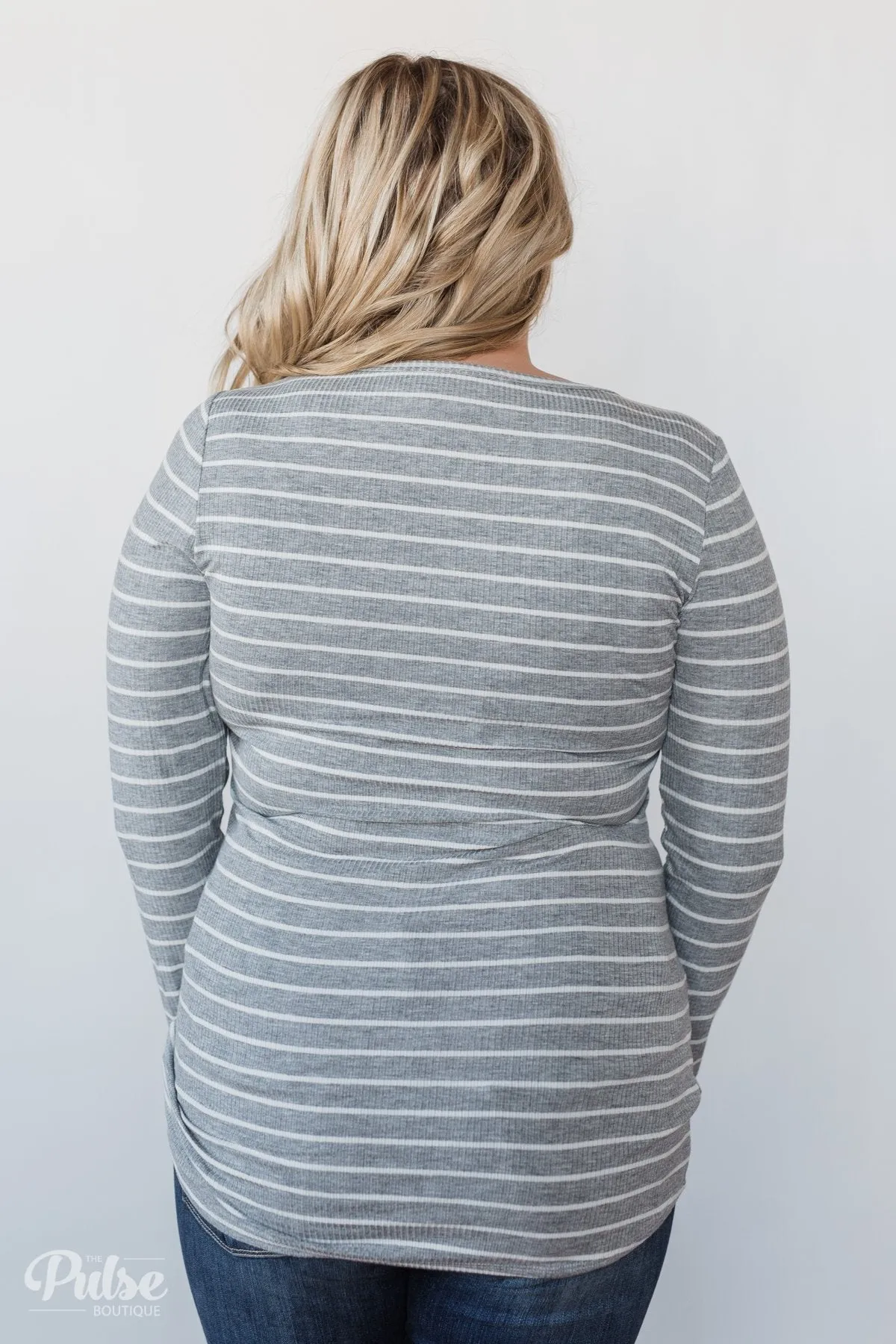 Need You Now 5-Button Henley Top- Grey Striped