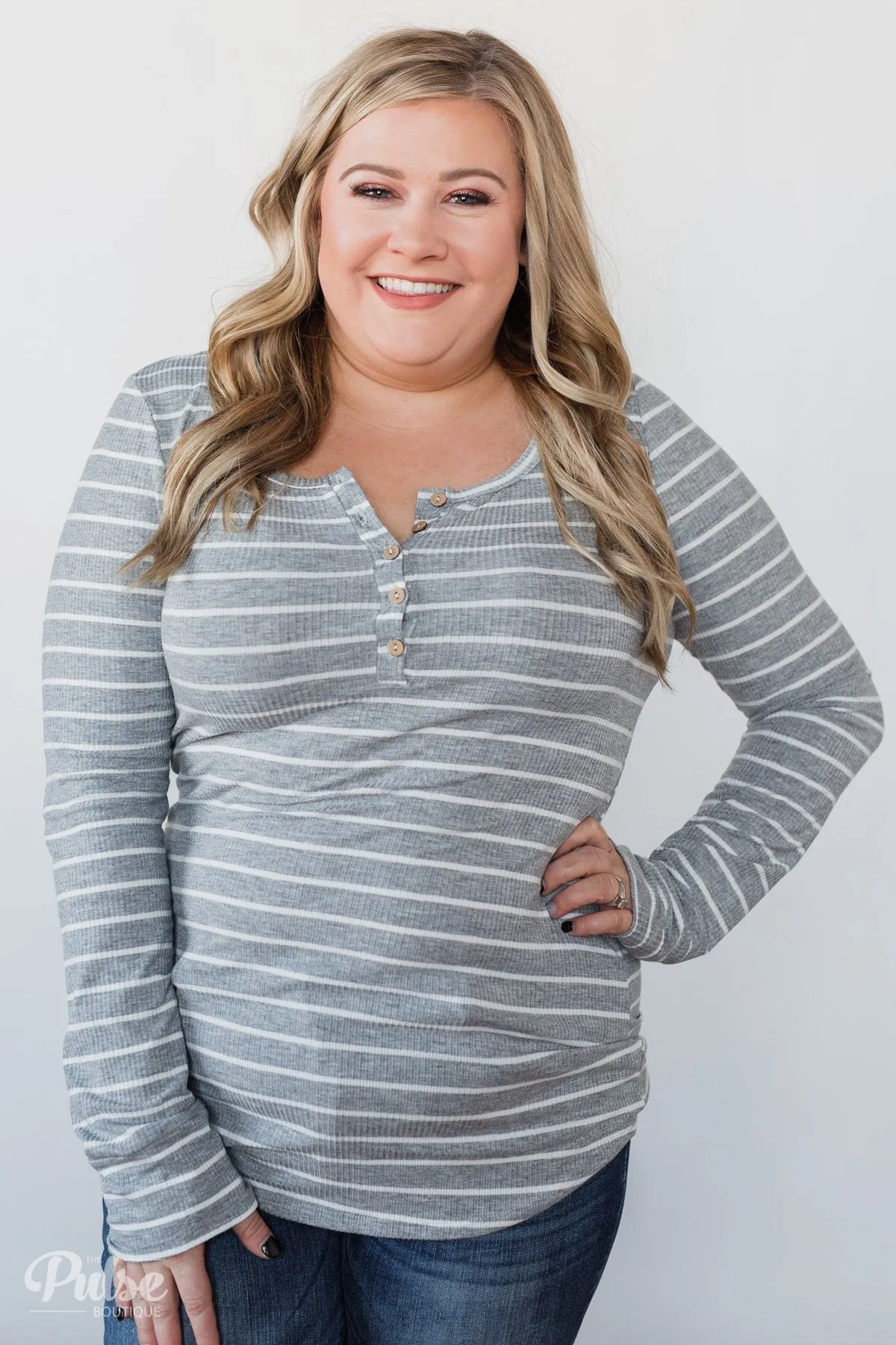 Need You Now 5-Button Henley Top- Grey Striped