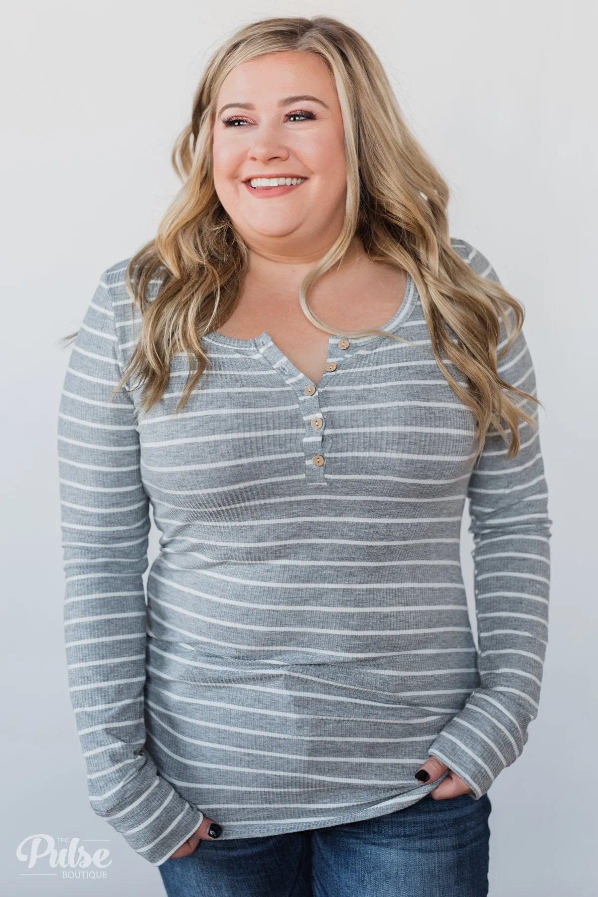 Need You Now 5-Button Henley Top- Grey Striped