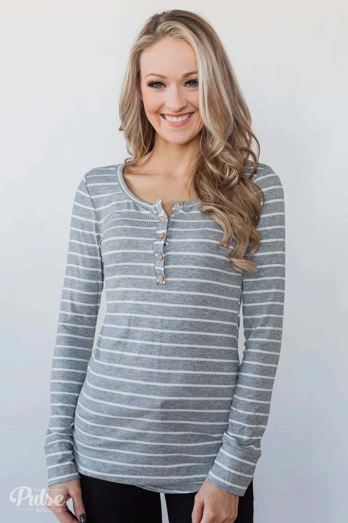 Need You Now 5-Button Henley Top- Grey Striped