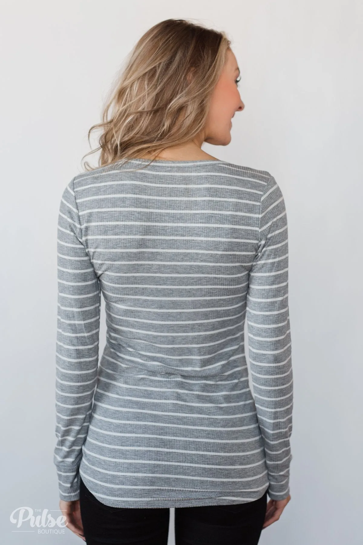 Need You Now 5-Button Henley Top- Grey Striped