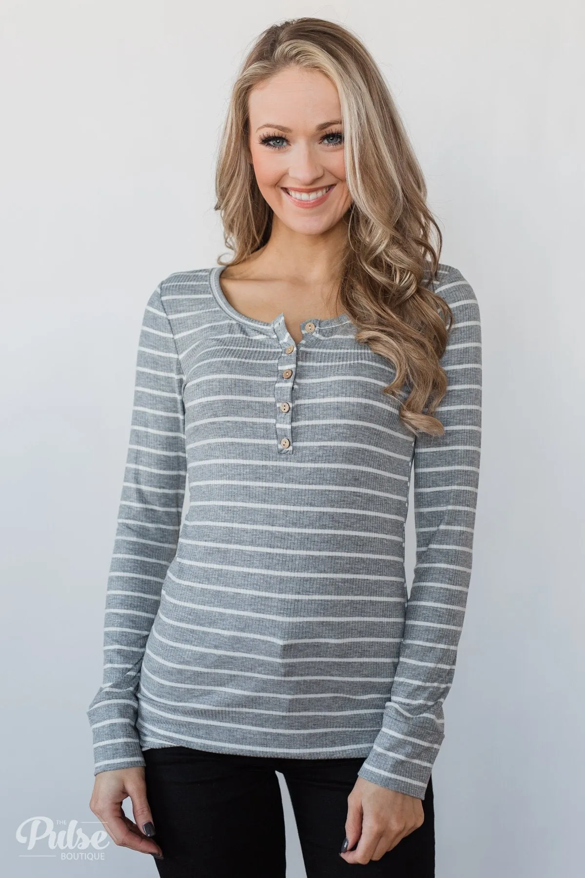 Need You Now 5-Button Henley Top- Grey Striped