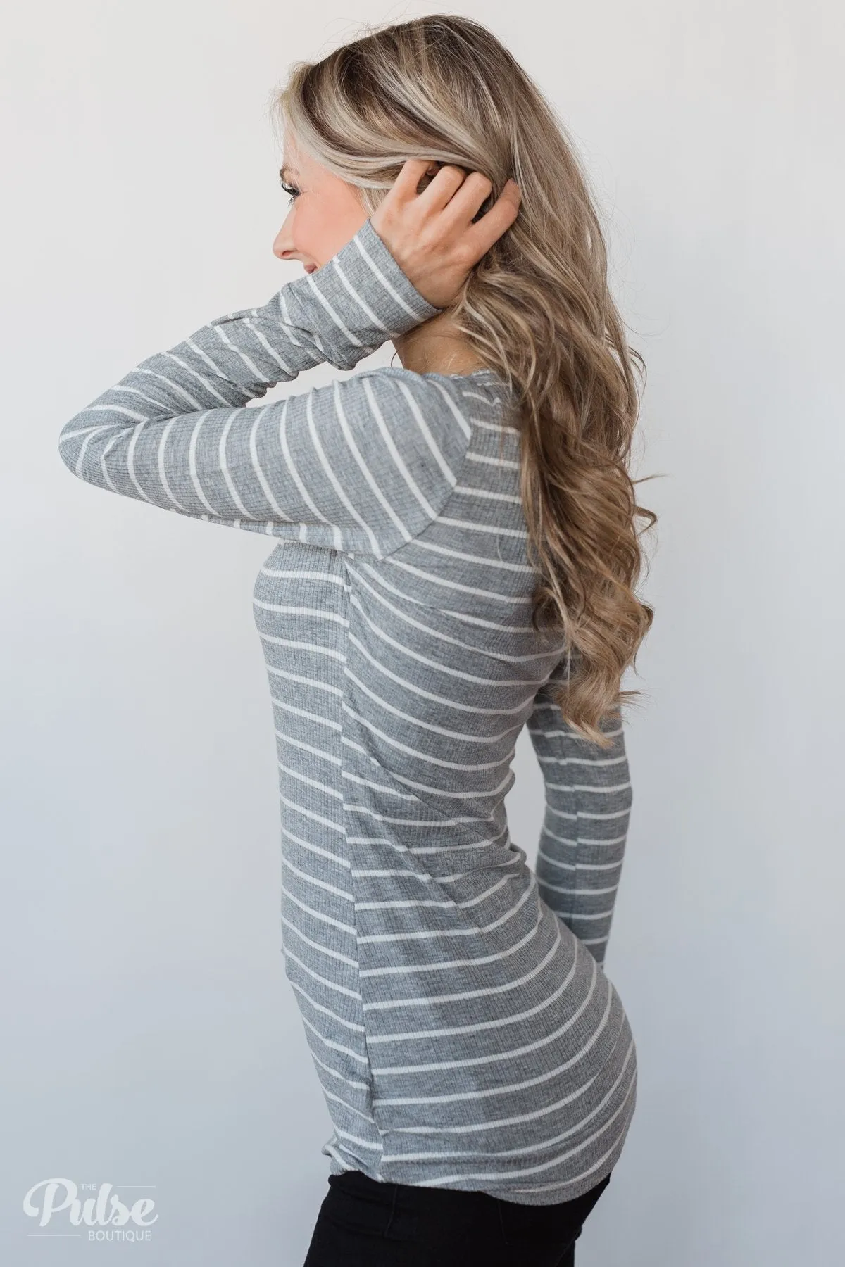 Need You Now 5-Button Henley Top- Grey Striped