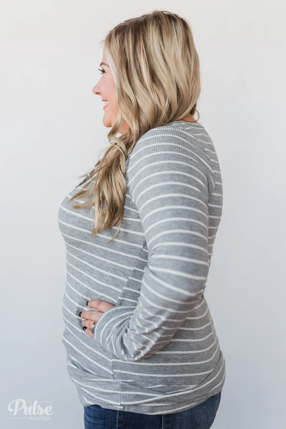 Need You Now 5-Button Henley Top- Grey Striped