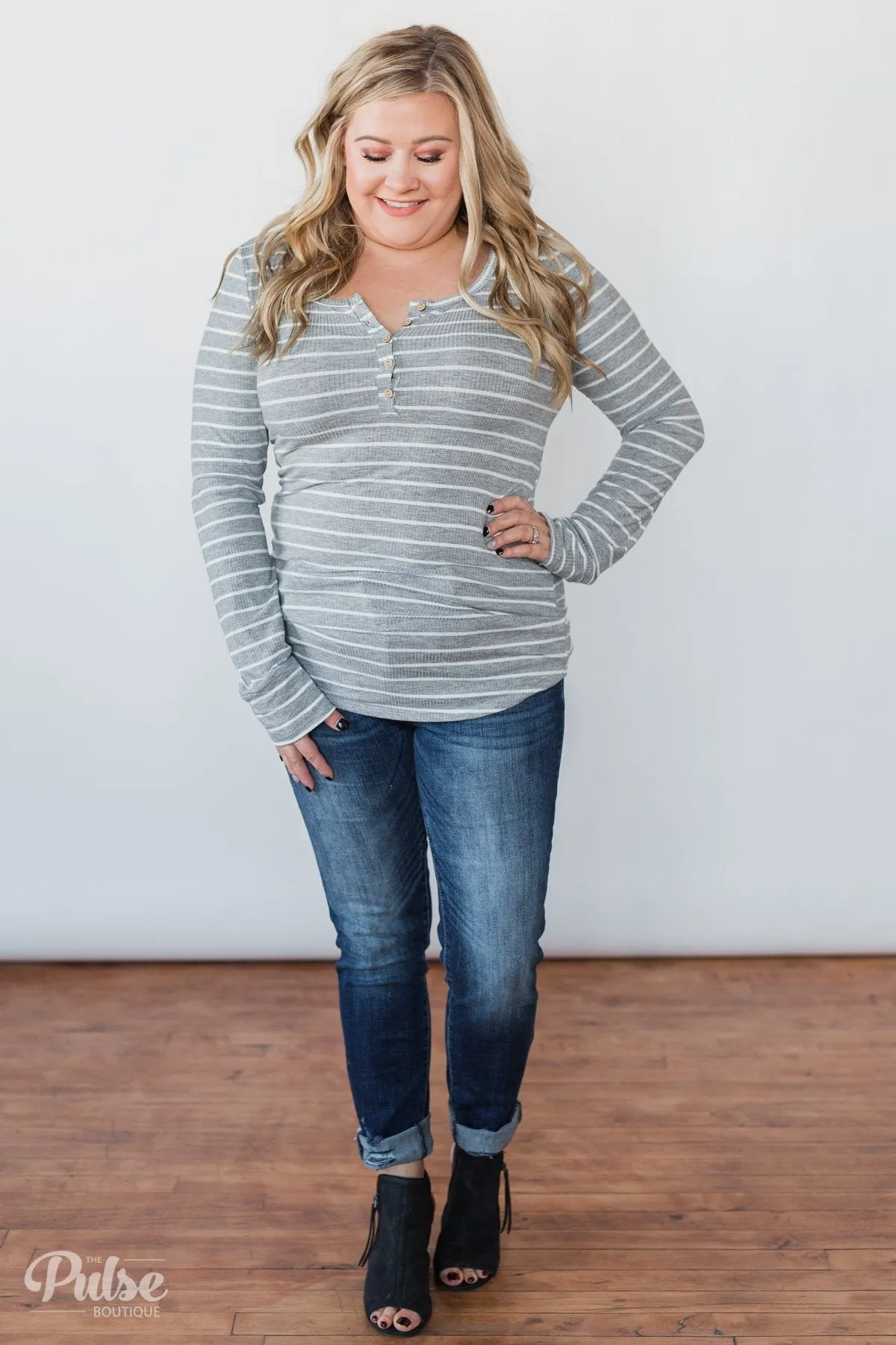 Need You Now 5-Button Henley Top- Grey Striped