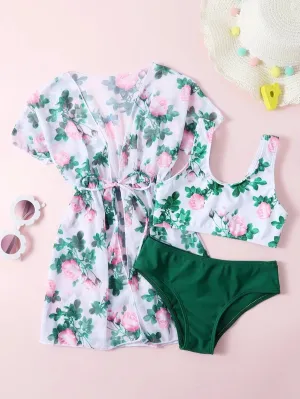 New Shein 3 piece Toddler Girls Floral Print Bikini Swimsuit With Kimono, Sz 4-5 Years! Adorable, Fits True!