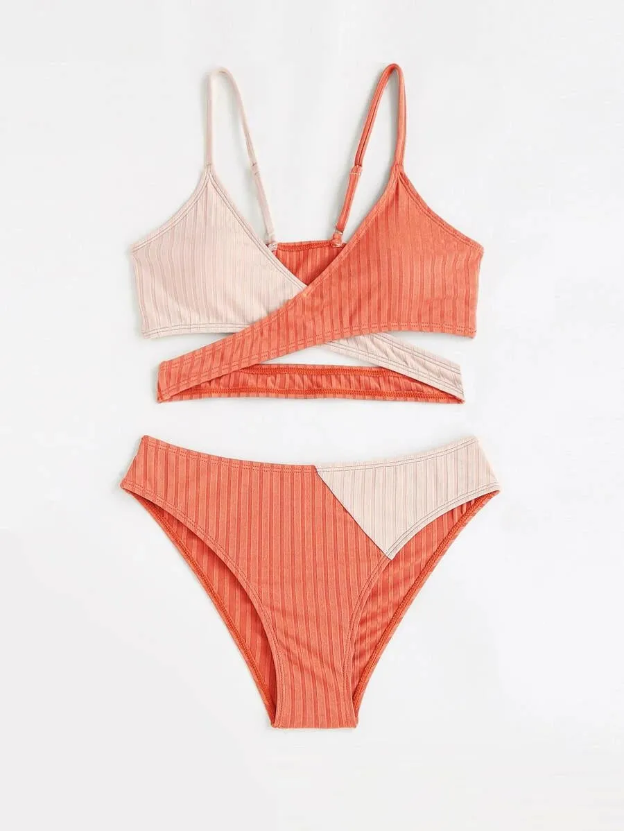 New Shein Girls Two Tone Wrap Cross Bikini Swimsuit, Sz 8-9 Years!