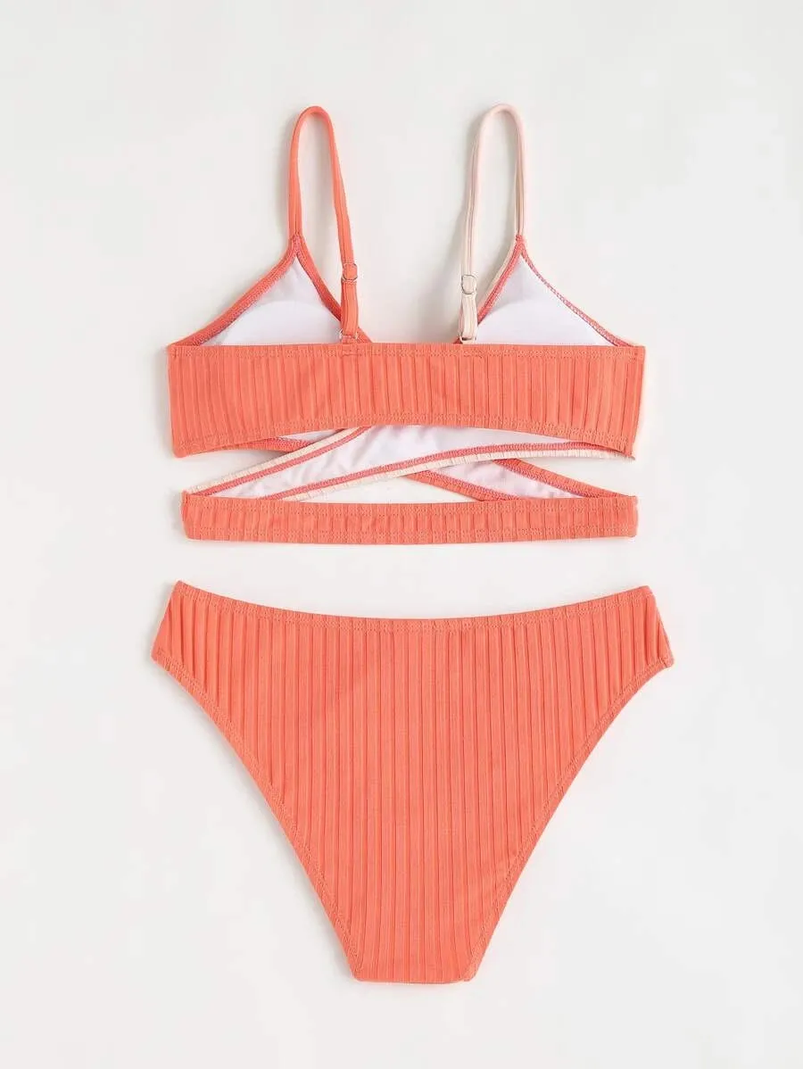 New Shein Girls Two Tone Wrap Cross Bikini Swimsuit, Sz 8-9 Years!
