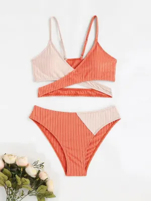 New Shein Girls Two Tone Wrap Cross Bikini Swimsuit, Sz 8-9 Years!