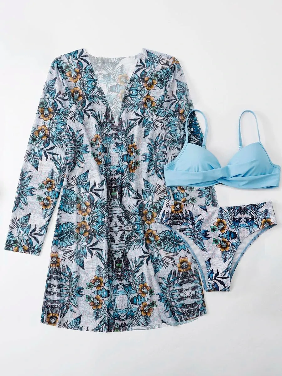New Shien Tropical Print Wrap Push Up Bikini Swimsuit With Kimono Sz M! Fits True
