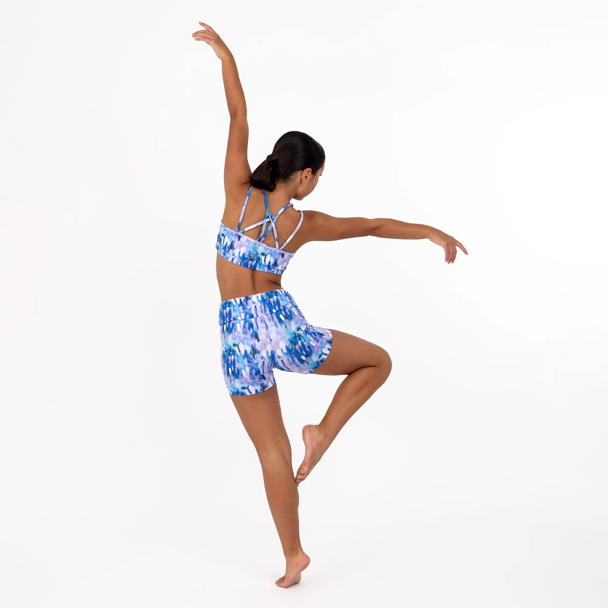 Nicole: Midi Length Bike Shorts in Brushed Down Blue Print
