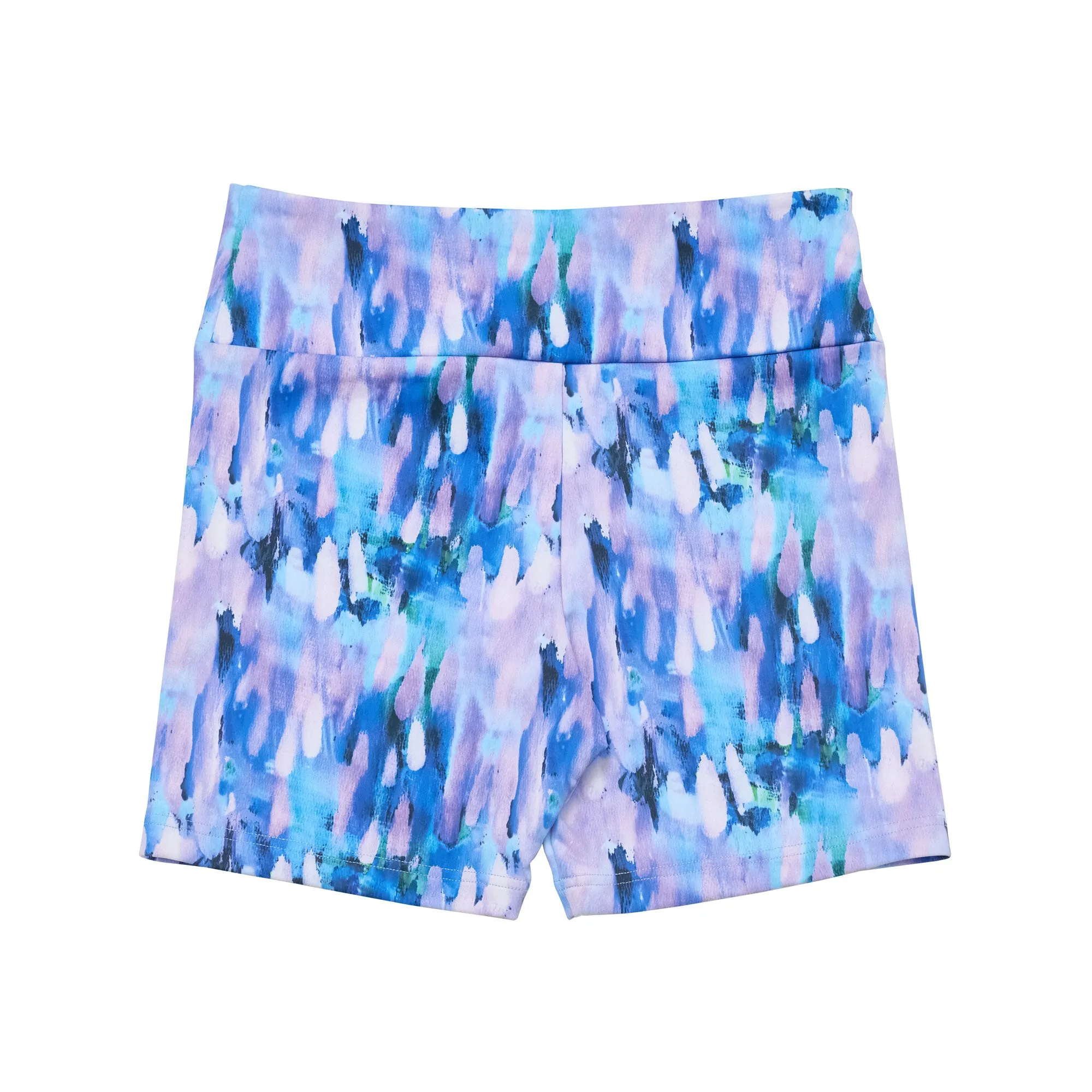 Nicole: Midi Length Bike Shorts in Brushed Down Blue Print