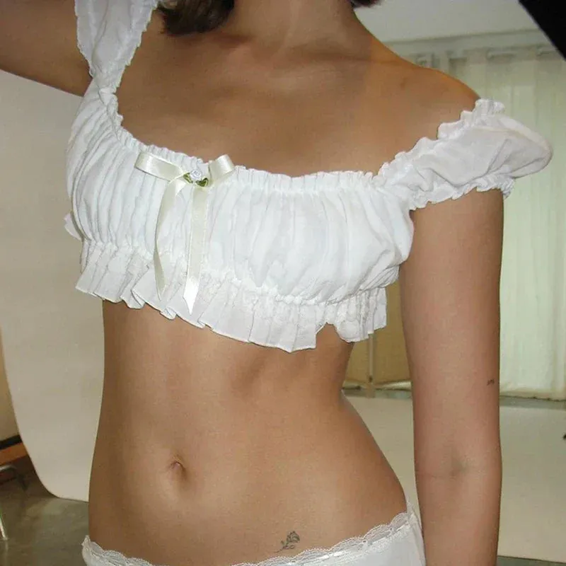 Off Shoulder Ruffle Trim Y2K Going Out Slim Fit Basic Fairy Aesthetic Crop Top