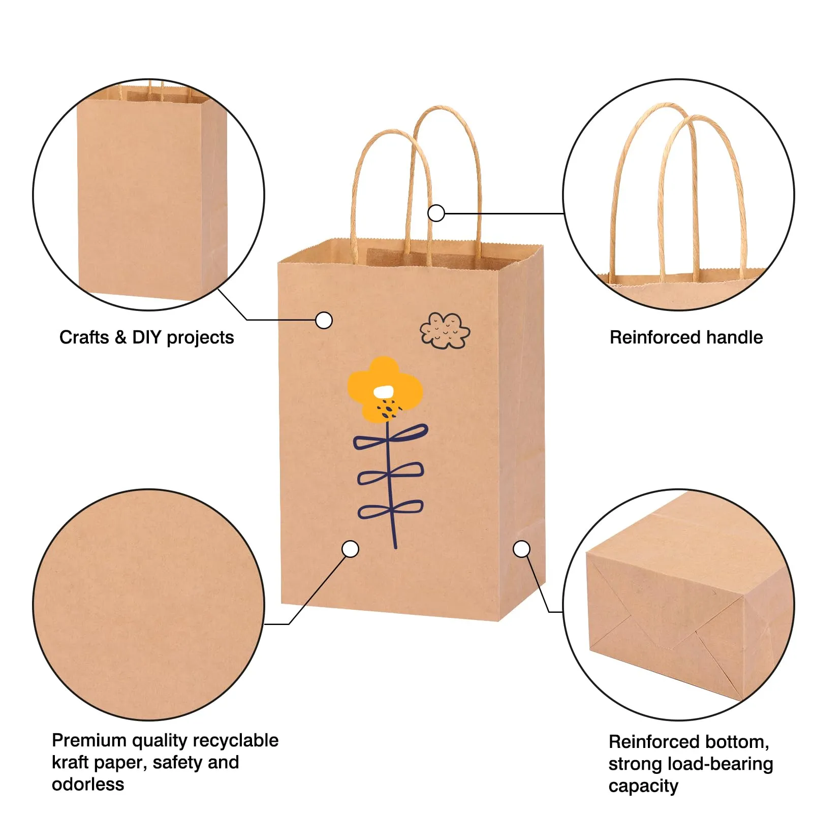 OUTUXED 150pcs Brown Paper Gift Bags, 5.25x3.2x8in Small Paper Bags with Handles Bulk for Shopping, Birthday, Wedding, Merchandise and Business Party (Kraft)