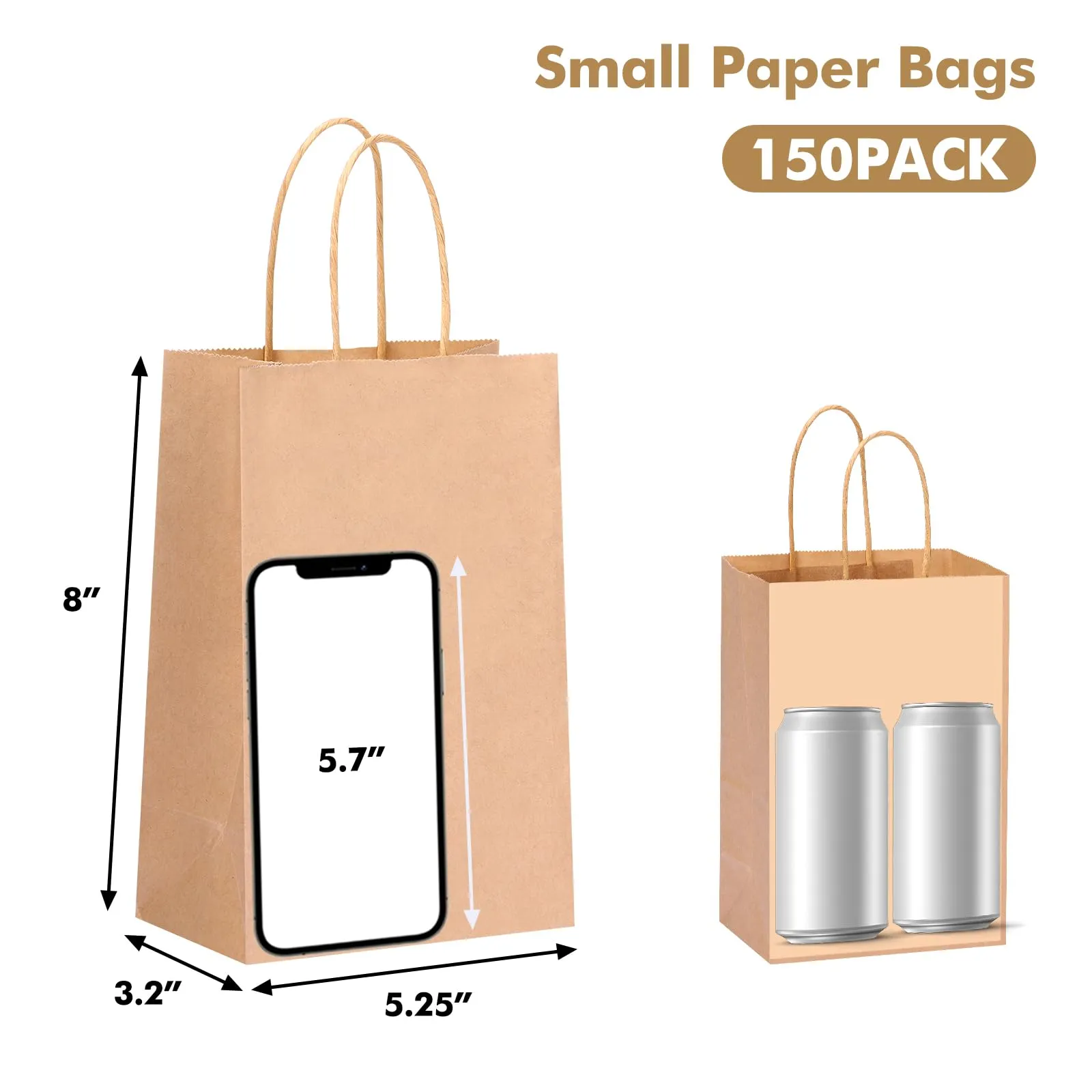 OUTUXED 150pcs Brown Paper Gift Bags, 5.25x3.2x8in Small Paper Bags with Handles Bulk for Shopping, Birthday, Wedding, Merchandise and Business Party (Kraft)
