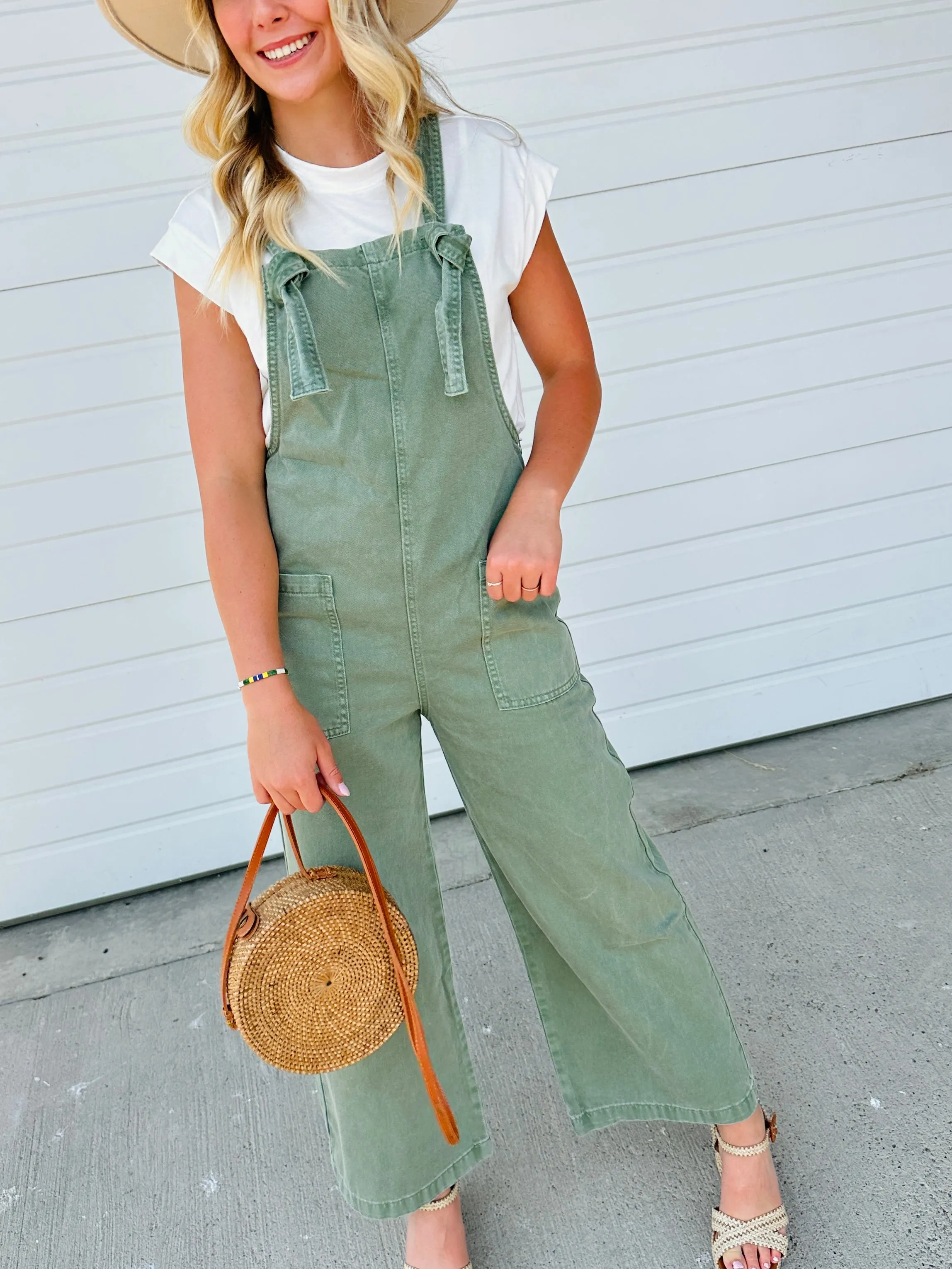 Overall Olive Wide Leg-stretch denim