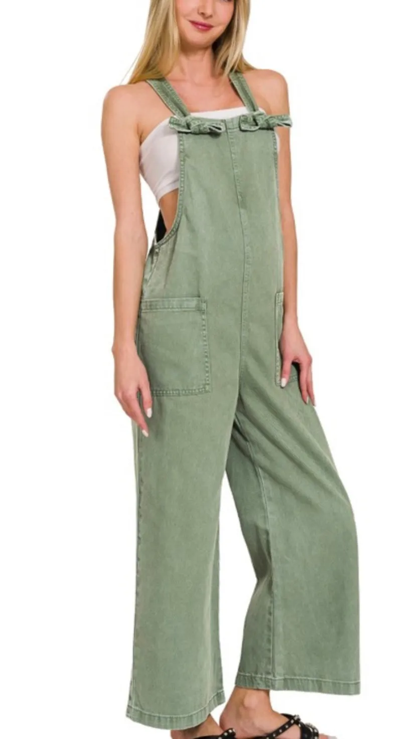 Overall Olive Wide Leg-stretch denim