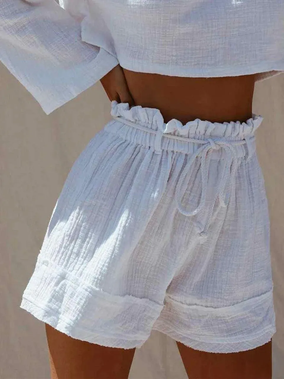 Pamela - Short boho blanc en coton mélangé