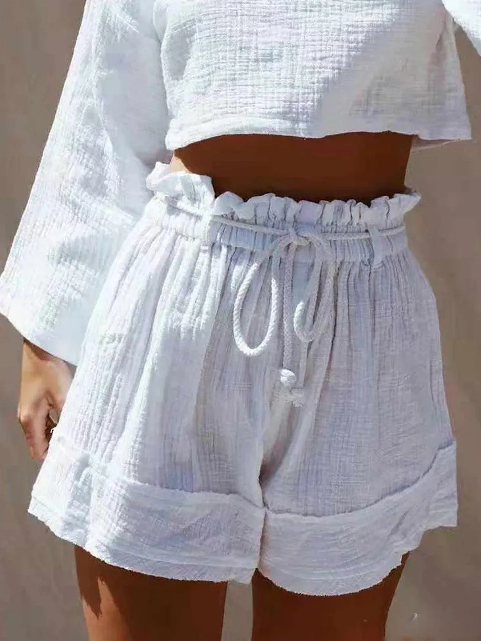 Pamela - Short boho blanc en coton mélangé