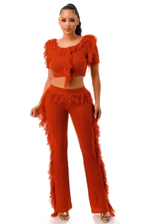 Party Time Solid Rust Fringe Pants Set