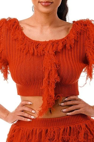 Party Time Solid Rust Fringe Pants Set