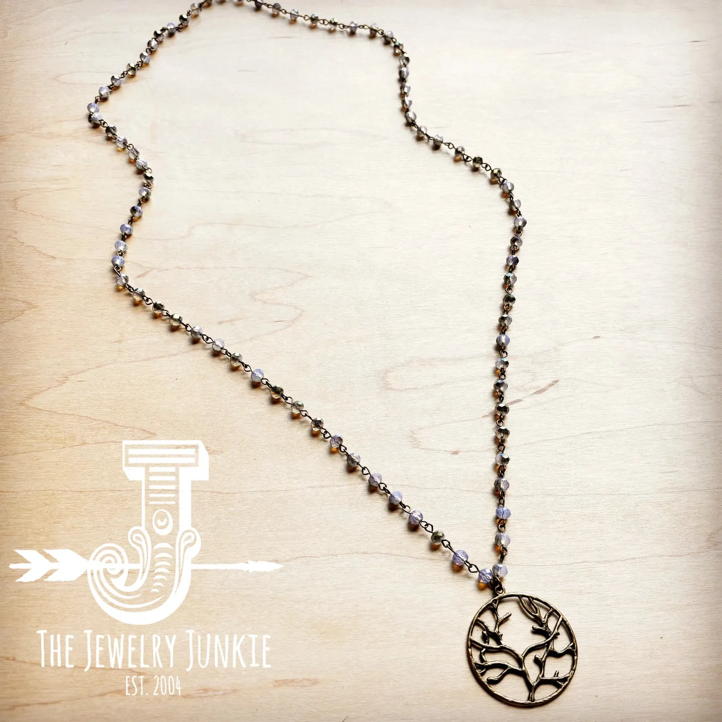 Periwinkle Faceted Beaded Pendant Necklace with Tree of Life