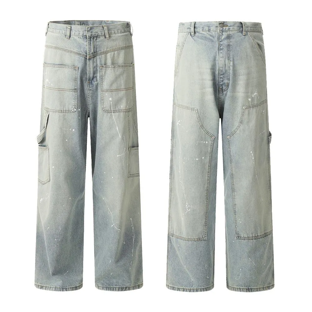 Personalized Reverse Wear Jeans Men's Trendy Design Sense Niche Distressed Wash Water Paint Splash Tooling Long Pants