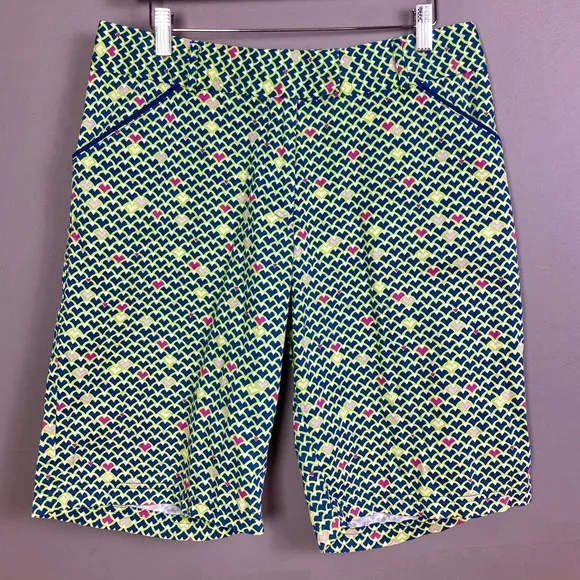 Peter Millar Bermuda Shorts Size 8 Blue Green Geometric Print Pockets golf