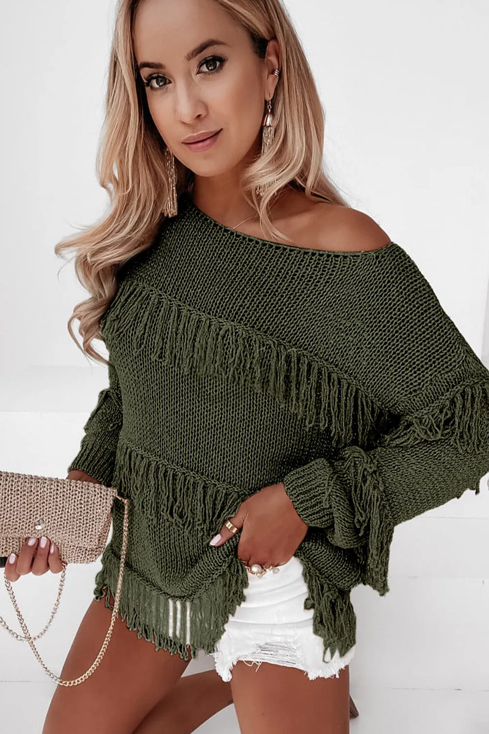 Pickle Green Boho Tasseled Knitted Sweater