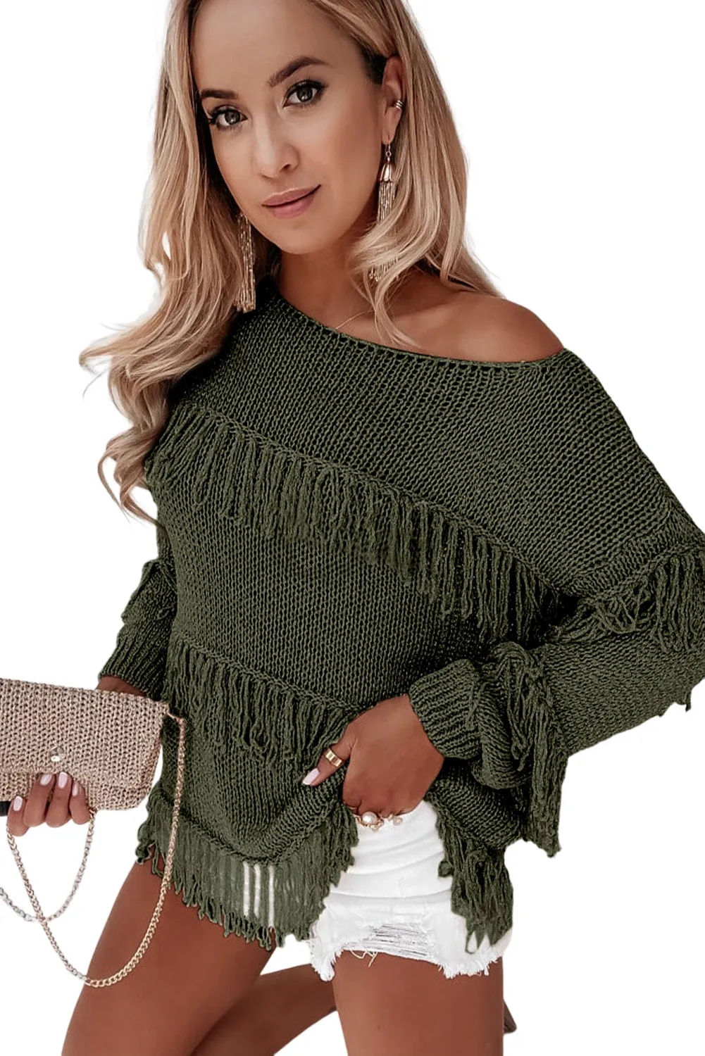 Pickle Green Boho Tasseled Knitted Sweater