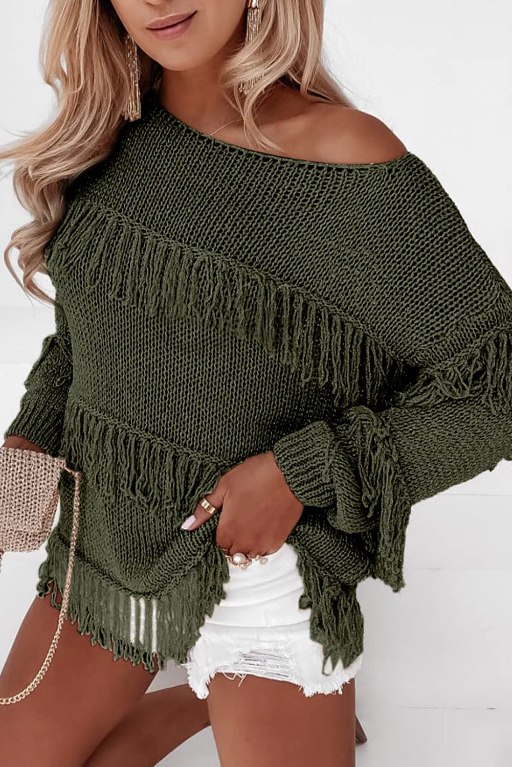 Pickle Green Boho Tasseled Knitted Sweater