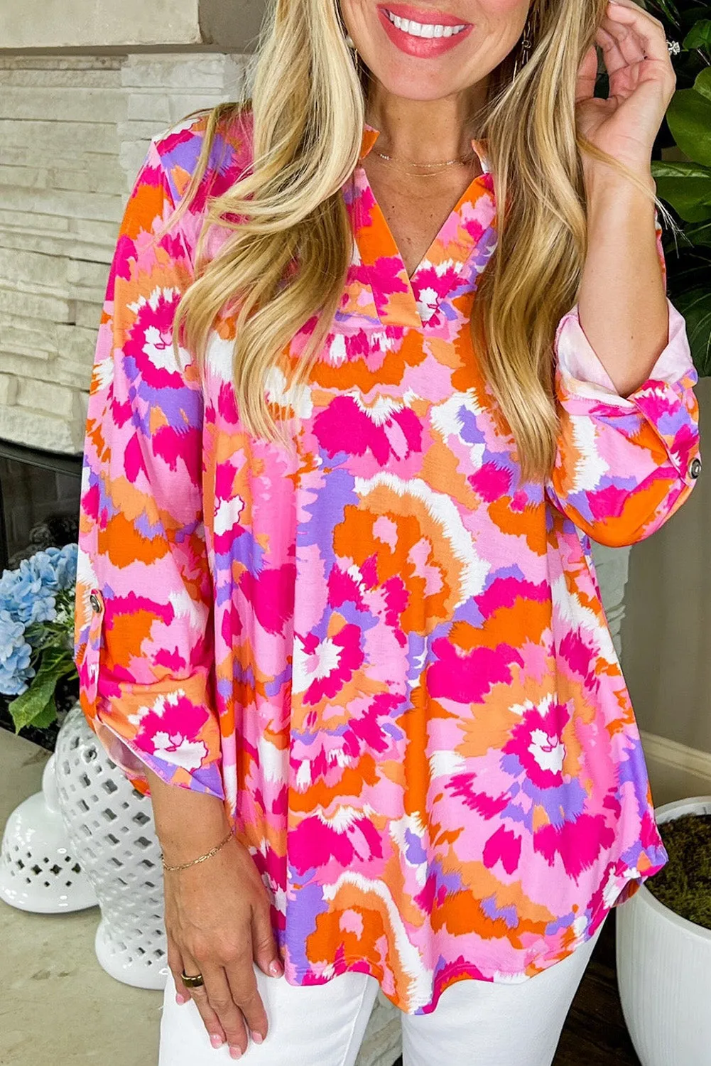 Pink Abstract/Boho Floral Print Tab Sleeve Notched Neck Blouse