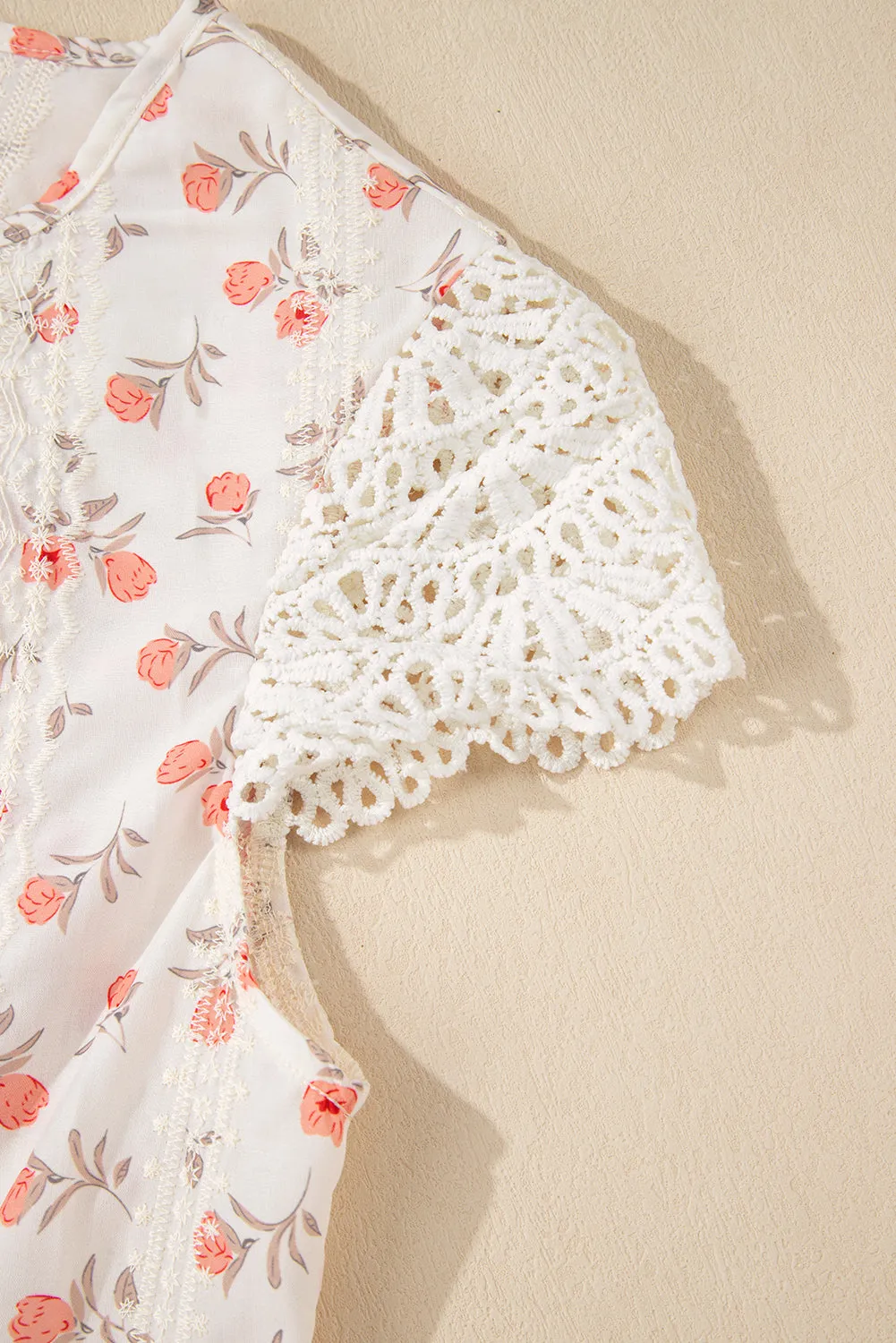 Pink Floral Print Embroidery Detail Crochet Cap Sleeve Blouse