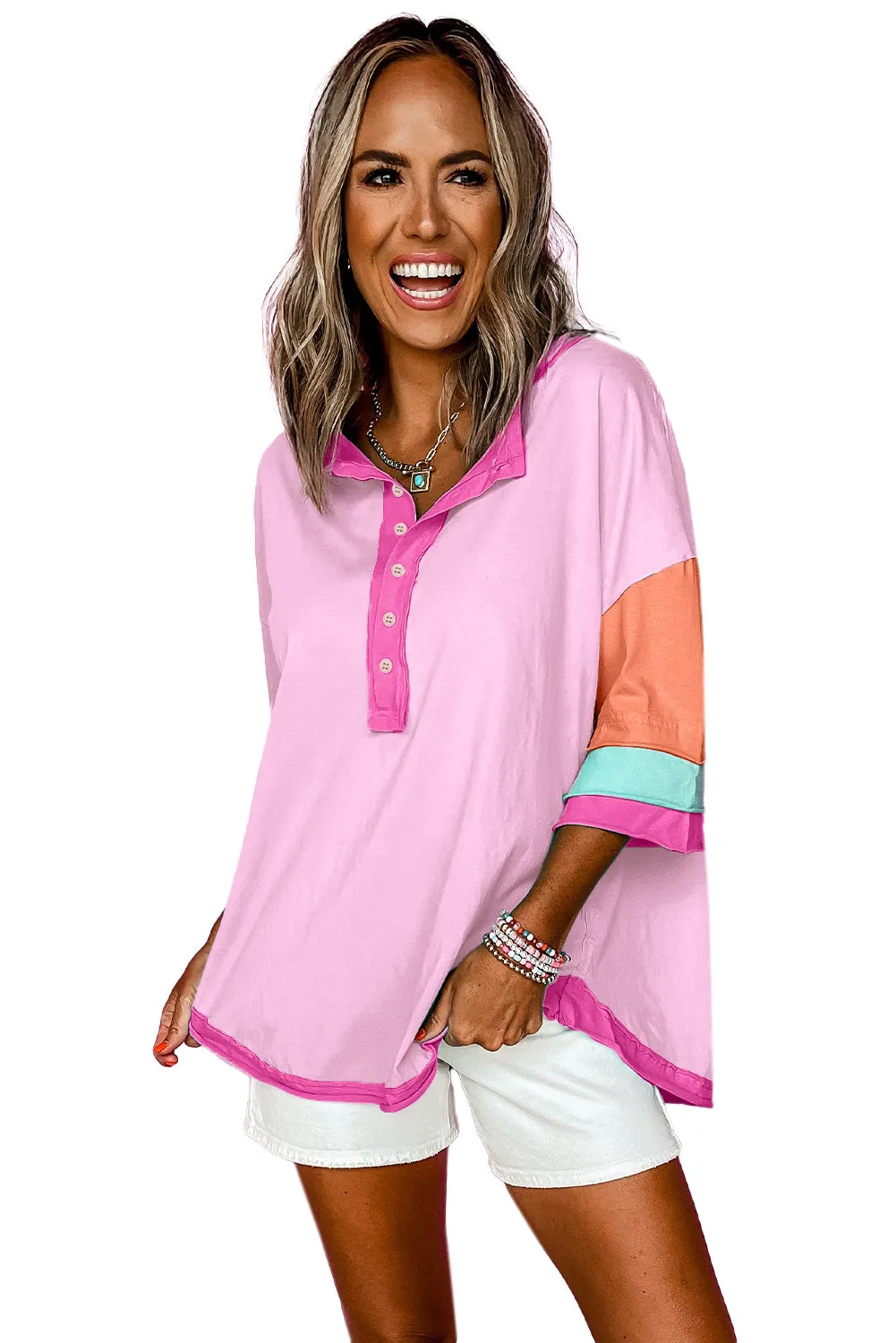 Pink Solid Color Half Sleeve Buttons Henley Top