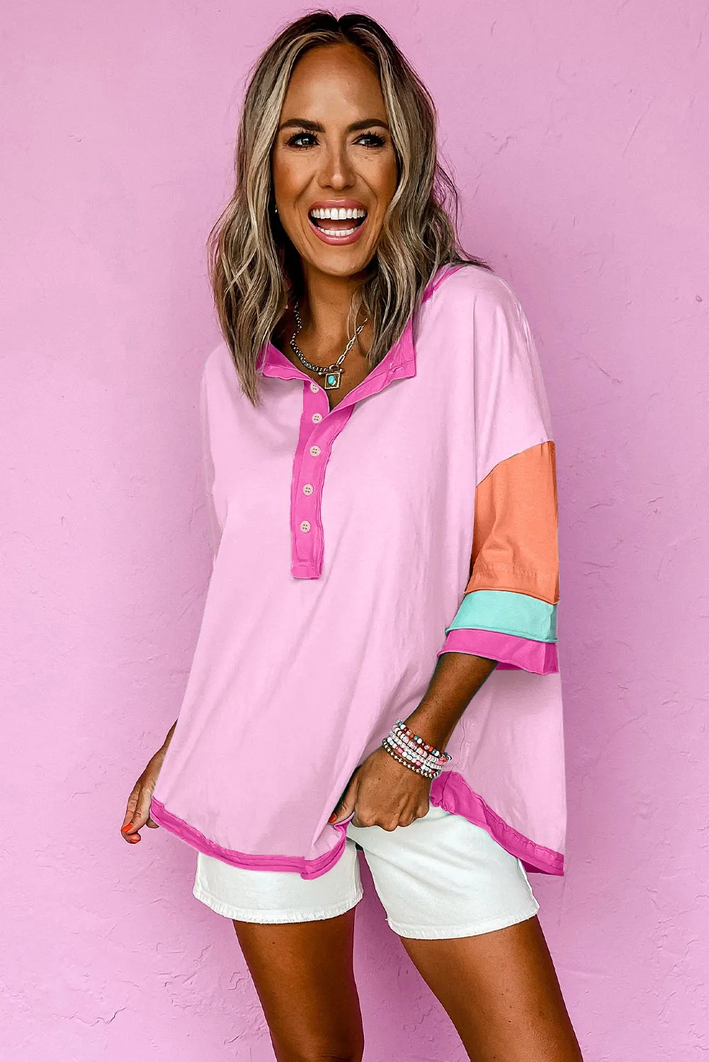 Pink Solid Color Half Sleeve Buttons Henley Top