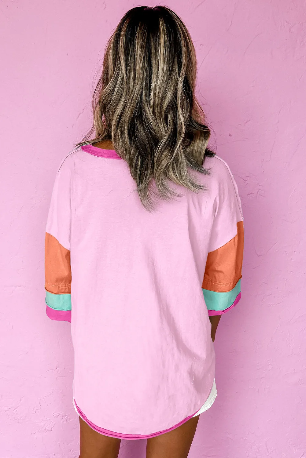 Pink Solid Color Half Sleeve Buttons Henley Top
