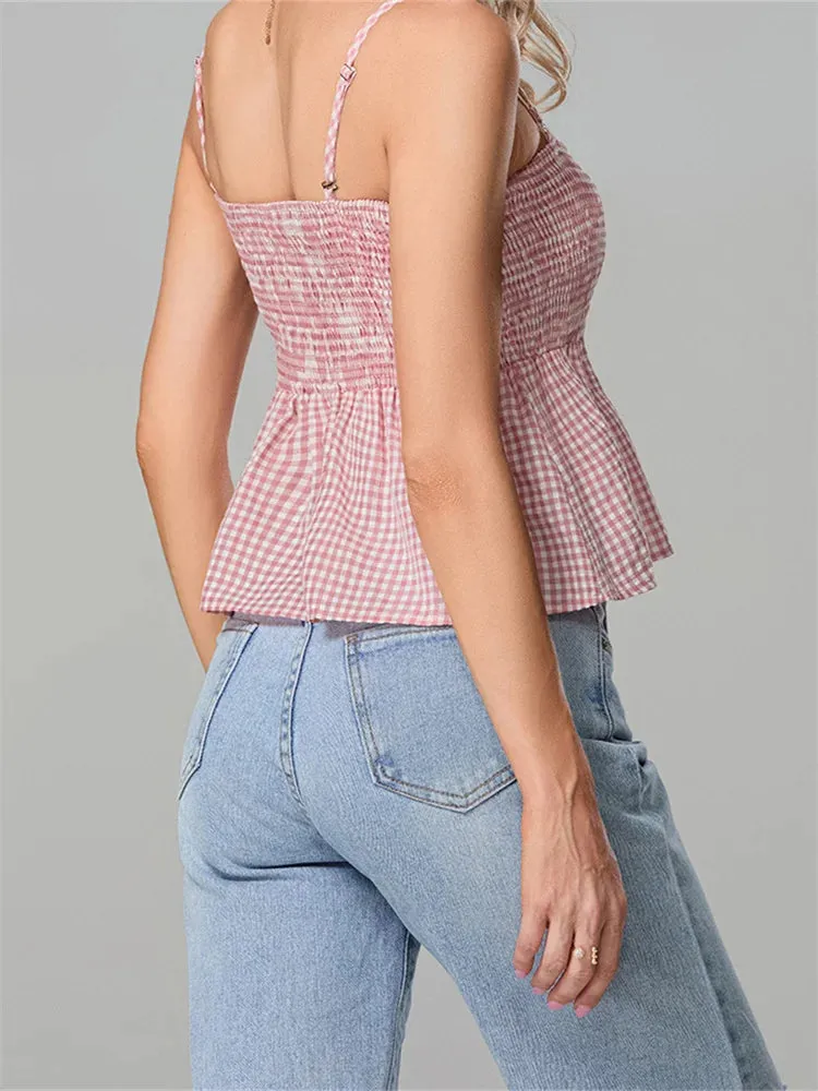 Plaid Ruffle Hem Square Neck Spaghetti Crop Top