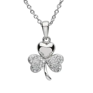 Platinum Plated Shamrock necklace With Clear Crystals On Two Leafs