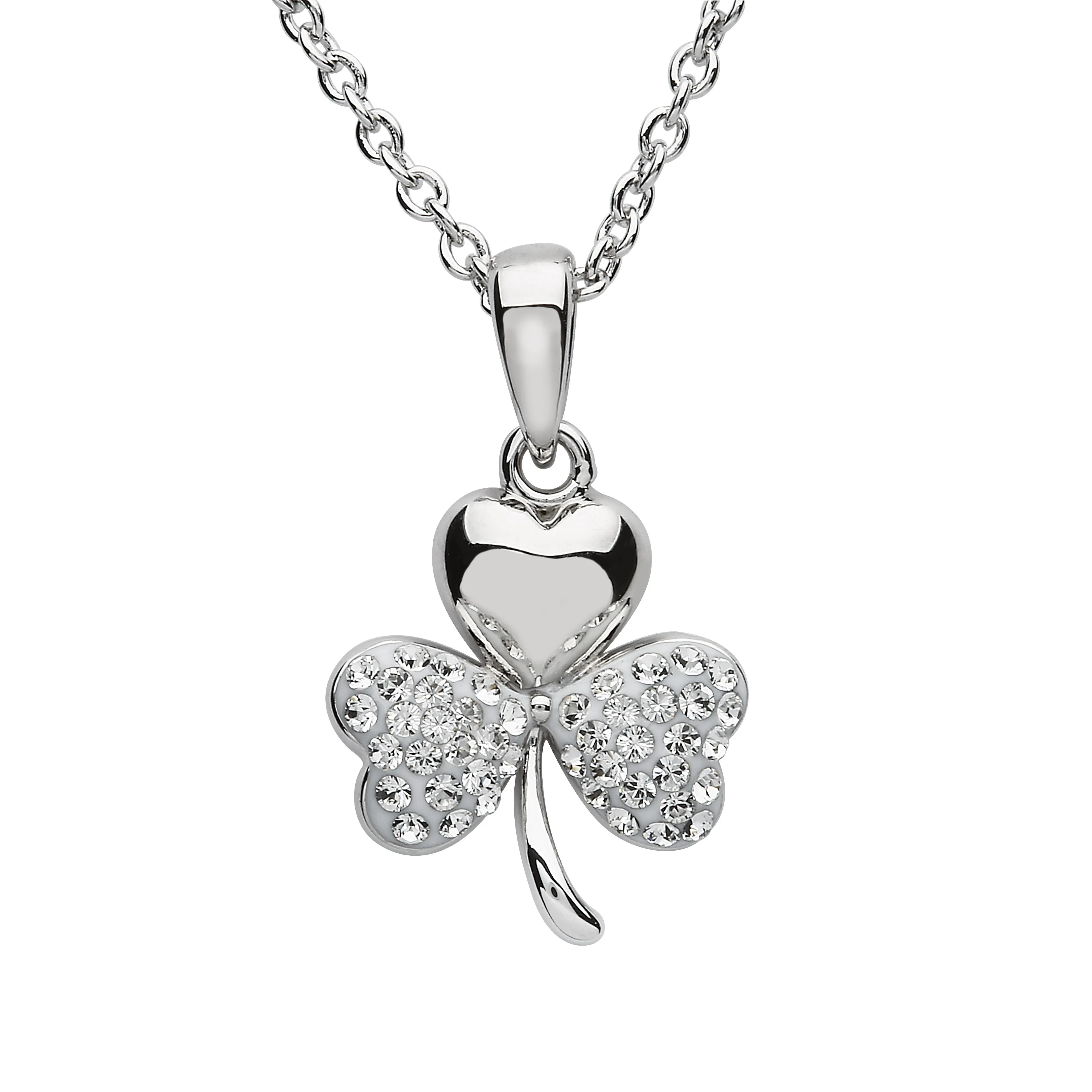 Platinum Plated Shamrock necklace With Clear Crystals On Two Leafs