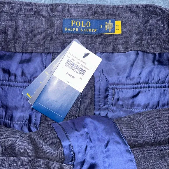 Polo Ralph Lauren 100 % Linen Front Tie Bermuda Navy Blue Shorts NWT Size 2