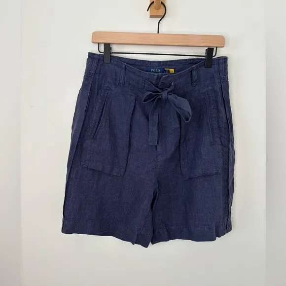 Polo Ralph Lauren 100 % Linen Front Tie Bermuda Navy Blue Shorts NWT Size 2